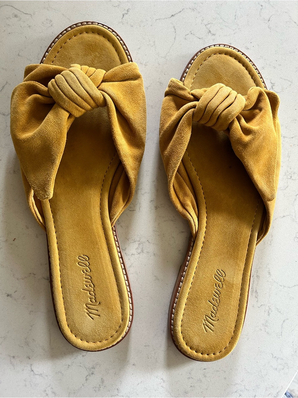 Madewell Suede Half Bow Tan Mustard Slip On Slide Sandals - Picture 8 of 16